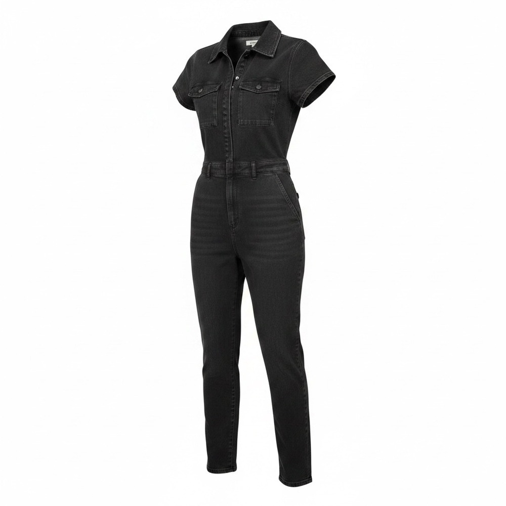 Good American Fit for Success Denim Jumpsuit Washed Black Short Sleeve Utility M